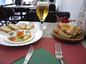 Also available at many places... Hummus, BEER, and pan con tomate, a Catalan favorite